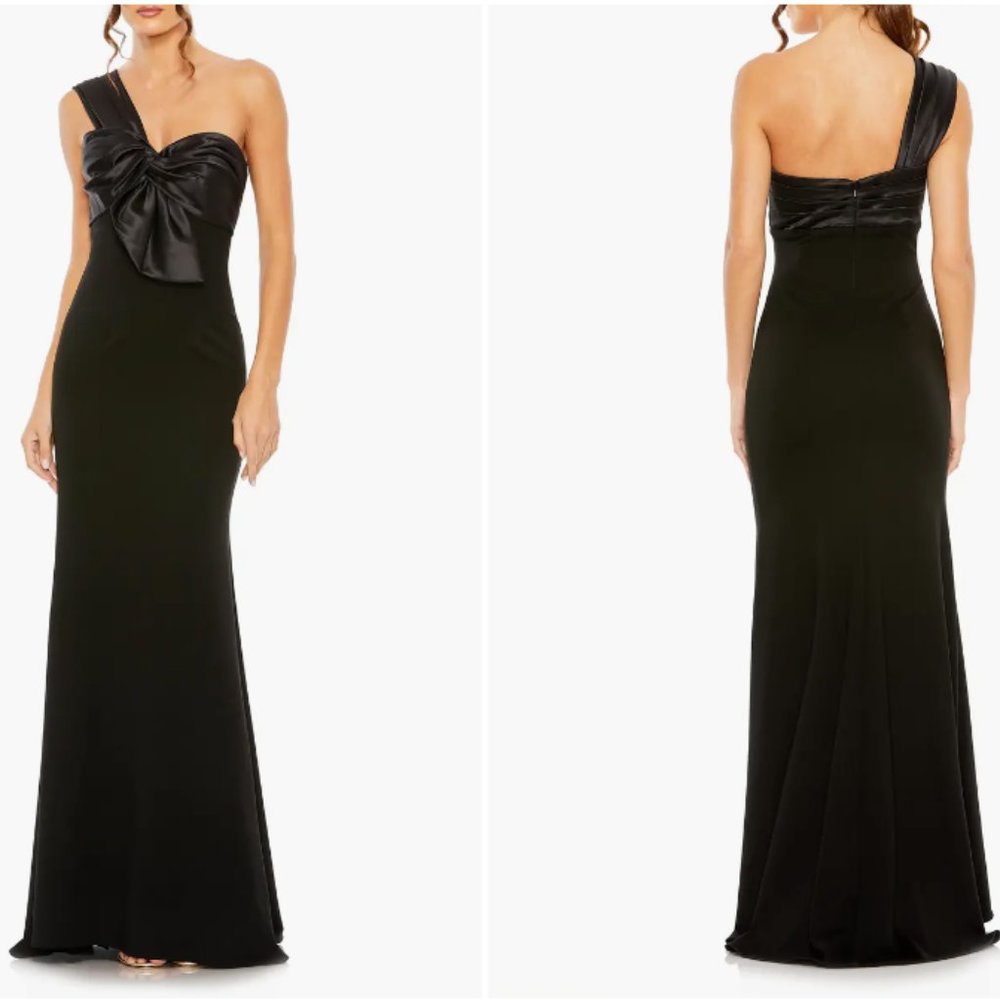 MAC DUGGAL BOW FRONT DETAIL ONE SHOULDER TRUMPET BLACK GOWN sz 10